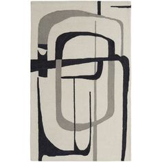 a white rug with black and grey shapes on it's sides, in the shape of a rectangle