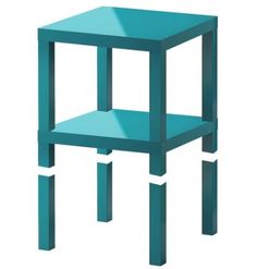 a blue side table with two legs and a shelf on the bottom that is shaped like a cube