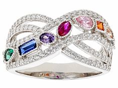 Bella Luce® Esotica™ multi-color diamond simulants, lab created ruby, and lab created blue and green spinel 1.82ctw round, marquise, square, baguette, pear, and oval, rhodium over sterling silver ring. Measures approximately 0.88" L x 0.44" W and is not sizable. Wedding Rings With Multicolor Diamond Accents, Multicolor Diamond Accented Rings Fine Jewelry, Elegant Multicolor Sapphire Ring With Cubic Zirconia, Multicolor Diamond Accented Rings In Fine Jewelry, Multicolor Diamond Accents Rings Fine Jewelry, Elegant Multicolor Gemstones With Center Stone, Multicolor Cubic Zirconia Jewelry With Prong Setting, Multicolor Cubic Zirconia Gemstones For Formal Occasions, Multicolor Diamond Accent Rings For Anniversary