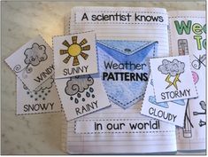 four notebooks with different weather patterns and words on them, all lined up in the same row