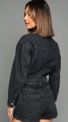 BLACK IN COLOR DENIM POCKETS BUTTONS GOING DOWN Long Romper, Denim Romper, Black Romper, Long Sleeve Romper, Light Denim, Sheer Fabrics, Dress Romper, Look Chic, Denim Fabric