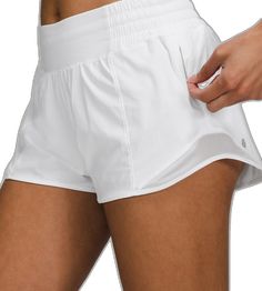 Lululemon Athletic Fit Moisture-wicking Bottoms, Lululemon Stretch Running Bottoms, Lululemon Sports Bottoms With Built-in Shorts, White Short Length Athletic Shorts For Running, White Athletic Shorts For Running, Bottoms With Built-in Shorts And 4-way Stretch For Errands, White Short Bottoms By Lululemon, White Athletic Shorts With Short Inseam For Sports, White Running Shorts With Elastic Waistband