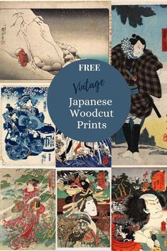 japanese woodcut prints with the title free vintage japanese woodcut prints on it's cover