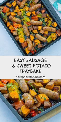 easy sausage and sweet potato tray with text overlay