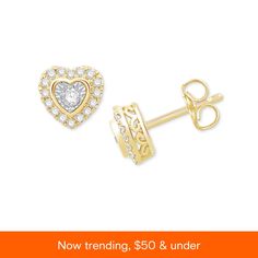 in stock Yellow Gold Brilliant Cut Heart Earrings For Anniversary, Yellow Gold Heart Diamond Earrings With Prong Setting, Yellow Gold Heart Earrings With Brilliant Cut For Anniversary, Valentine's Day Vvs Clarity Diamond Earrings, Yellow Gold Diamond Heart Earrings For Anniversary, Anniversary Yellow Gold Heart Earrings With Diamond Accents, Macy's Yellow Gold Diamond Earrings, Gold Diamond Earrings From Macy's As A Gift, 14k White Gold Heart Earrings With Diamond Accents