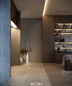 the interior of a modern apartment with marbled walls and flooring is lit by recessed lighting