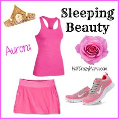 a woman's pink outfit and shoes with the words sleeping beauty above it,