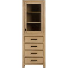 a tall wooden cabinet with drawers and doors on the bottom shelf, against a white background