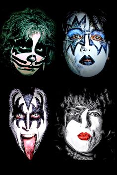 four different faces painted in black and white