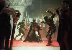 the batman and other characters are standing in front of a group of men wearing costumes