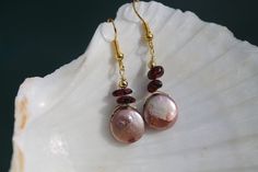 Garnet Earrings, Blush Pearl Coin Earrings, Bronze, Brown Dangle Gold Plated Earrings, Bridesmade Gi Handmade Red Pearl Earrings, Handmade Red Round Pearl Earrings, Chandler Az, Coin Earrings, Garnet Earrings, Gold Plated Earrings, Wedding Earrings, Beach Wedding, Garnet