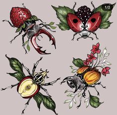 four different bugs with leaves and flowers on them