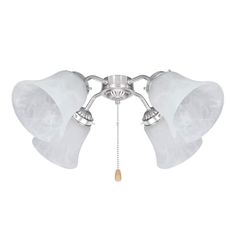 three light ceiling fixture with white glass shades and metal fittings on the bottom half