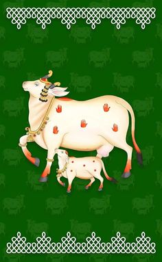 a cow and her calf are depicted on a green background