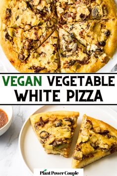 Overhead view of a pizza with vegetables and white sauce with text reading vegan vegetable white pizza Dairy Free White Sauce, Mushroom Pizza Recipes, White Pizza Sauce, White Pizza Recipes, Dairy Free Pizza, Vegan Pizza Recipe, Garlic Sauce Recipe