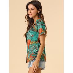 A great shirt to be paired with shorts or jeans. Enjoy the summer with the help of the Hawaiian leaf-printed shirt. Lend a touch of charm to your new season wardrobe with this shirt. Whether on carnivals, festivals, vacations, on the beach, or even at a theme party, you will certainly receive many compliments. Suitable for wearing to the beach. Casual Blouse With Plant Print, Printed Blouse With Camp Collar For Vacation, Trendy Green Floral Print Shirt, Hawaiian Vacation Tops With Button Closure, Green Camp Collar Blouse For Summer, Collared Blouse With Tropical Print For Summer, Summer Printed Button-up Tops, Vacation Tropical Print Button-up Blouse, Tropical Summer Tops With Button Closure