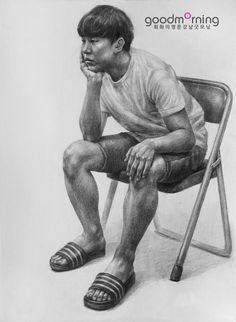 a pencil drawing of a boy sitting in a chair with his hand on his chin