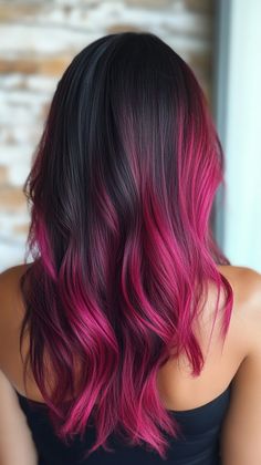 Hot Pink Tips Hair, Bayalage Hair Color Ideas, Hot Pink Highlights In Brown Hair, Pink Hair Balayage, Pink Peekaboo Hair, Balayage Inspiration, Balyage Long Hair, Pink Hair Streaks