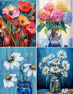 four different paintings of flowers in vases