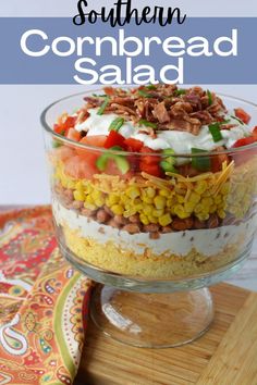 southern bacon cornbread trifle on a wooden platter. Layered Cornbread Salad, Bacon Cornbread, Cornbread Salad, Layered Salad Recipes, Trifle Bowl, House Country, Layered Salad, Bake Goods