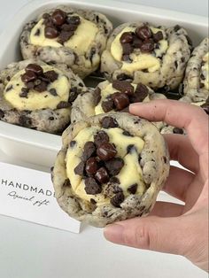 chocolate chip cookies with cream filling in a white container on a counter top, being held by a person