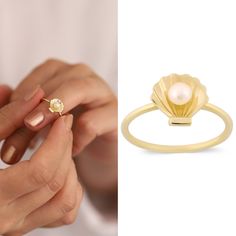 ◖ A B O U T ◗ With the 14k Gold Pearl in Sea Shell Ring, you may immerse yourself in the splendor of the sea. This delicate statement ring captures the essence of aquatic wonder, handcrafted with great attention to detail. The cockle shell design, a tribute to the sea's treasures, holds a genuine pure pearl that signifies quality and rarity. Each pearl is a monument to the mysteries and depths of the sea, emerging from the center of the ocean. This ring evokes a sense of serenity and tranquillit Stackable Yellow Gold Pearl Ring Gift, Stackable Yellow Gold Pearl Ring As Gift, Yellow Gold Stackable Pearl Ring Gift, 14k Stamped Pearl Ring As Gift, Stackable 14k Gold Pearl Ring Gift, Seashell Ring, Pearl Oyster, Gold Heart Bracelet, Eternal Beauty