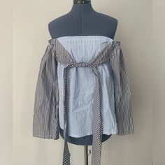 Off Shoulder Blouse Front Knot Bell Sleeve Nwt Gray Summer Tops For Daywear, Spring Gray Blouse For Day Out, Gray Spring Blouse For A Day Out, Gray Blouse For Spring Day Out, Chic Gray Cotton Blouse, Tops Off Shoulder, Bell Sleeve, Blue Gray, Off Shoulder Blouse