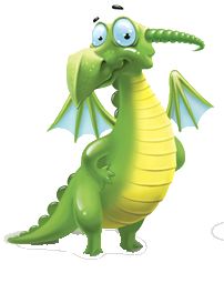 a green and yellow dragon with big eyes