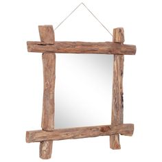 a wooden mirror hanging on a rope