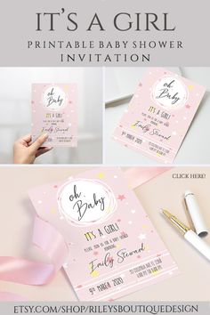 a baby shower party is shown with pink and gold details, including the word it's a girl