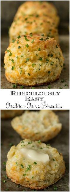 biscuits with butter and parsley on top are shown in three different pictures, one has been