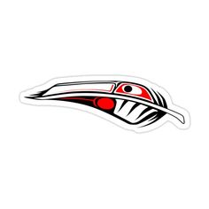 a red and black bird sticker on a white background