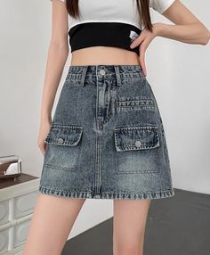 Vintage Blue Front Pocket Denim Skirt | Miyeon - (G)I-DLE XXL Kpop Dress, Laid Back Outfits, Fashion Chingu, Denim Midi Skirt, Music Festivals, Pink Plaid, Types Of Skirts, Outdoor Adventures, Easy Wear