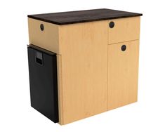 a wooden cabinet with two drawers and a black trash can in front of it on an isolated white background