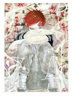 a drawing of a boy with red hair sitting in front of a wall covered in blood