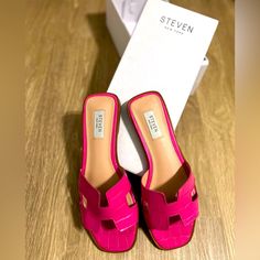 Bright Pink Steven By Steve Madden Leather Sandals. Size 8. Nwt. Pink Cushioned Slip-on Heels, Chic Pink Sandals With Cushioned Footbed, Chic Pink Sandals For Vacation, Chic Pink Slip-on Sandals, Pink Open Heel Sandals For Vacation, Pink Flat Heels For Vacation, Pink Open Toe Heels With Cushioned Footbed, Pink Open Heel Vacation Heels, Pink Open Toe Sandals With Removable Insole