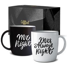 two black and white coffee mugs in front of a box with the words, me right