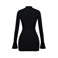 This stunning form-fitting dress flatters the body beautifully. The dress features a sleek silhouette, decorative flap pockets, and fluted cuffs. Silver Screen Actresses, Slim Tank Top, Black Mock Neck, Sweat Dress, Fitting Dress, Form Fitting Dress, Off Black, Mini Dress With Sleeves, Flared Sleeves