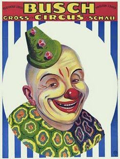 a clown with a green hat on top of it's head and the words busch cross - circus behind him