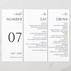 the table number and seating cards for a wedding reception are printed on white paper with black ink