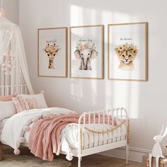 Add some wild charm to the nursery or bedroom with this set of safari prints. Featuring a watercolour elephant, lion, and giraffe waring floral crowns, this trio will bring major jungle vibes! Perfect for any little girls room. Girls Safari Bedroom, Watercolour Elephant, Animals With Flowers, Safari Bedroom, Girls Bedroom Themes, Girl Bathrooms, Safari Theme Nursery, Jungle Vibes