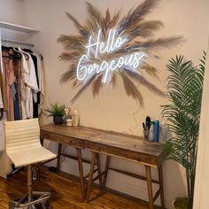 Hello Gorgeous Neon Sign Neon Sign With Feathers, Pampas Grass With Neon Sign, Neon Boutique Sign, Neon Light With Pampas, Boho Theme Hair Salon, Neon Sign Hair Salon, Pampas Sign Decor, Led Sign With Pampas, Pampas Led Sign