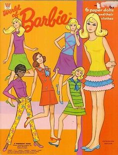 an advertisement for barbie dolls from the 1960s's, featuring four women in dresses