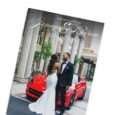 a couple standing next to a red sports car in front of an elegant wedding venue