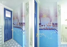 two pictures of people in bathing suits sitting on the edge of a swimming pool, and one is painted with blue paint