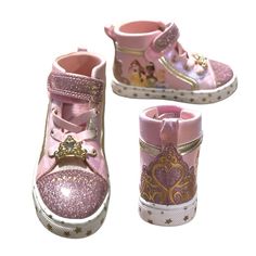 Nwt Disney Princess High Top Sneakers Size 10 See Picture For Details Disney Character Print Sneakers With Round Toe, Pink Disney Sneakers With Round Toe, Disney Pink Round Toe Sneakers, Disney Pink Tops With Character Print, Pink High-top Sneakers With Rhinestones, Disney Princess High Heels, Pink Minnie Mouse Low-top Sneakers, Disney Princess Shoes, Shoes Disney