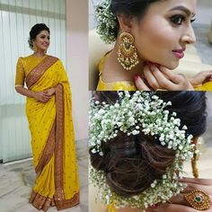 a woman wearing a yellow sari with flowers in her hair