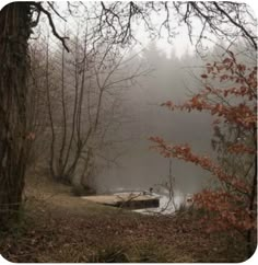 a boat is sitting on the shore of a lake surrounded by trees and foggy skies