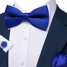 Silk Pre-Tied Mens Blue Solid Bow Tie Hanky Cufflinks Set