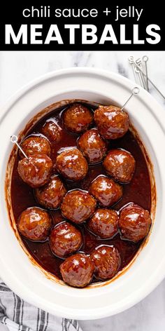 meatballs with sauce in a white bowl on top of a marble table and text overlay